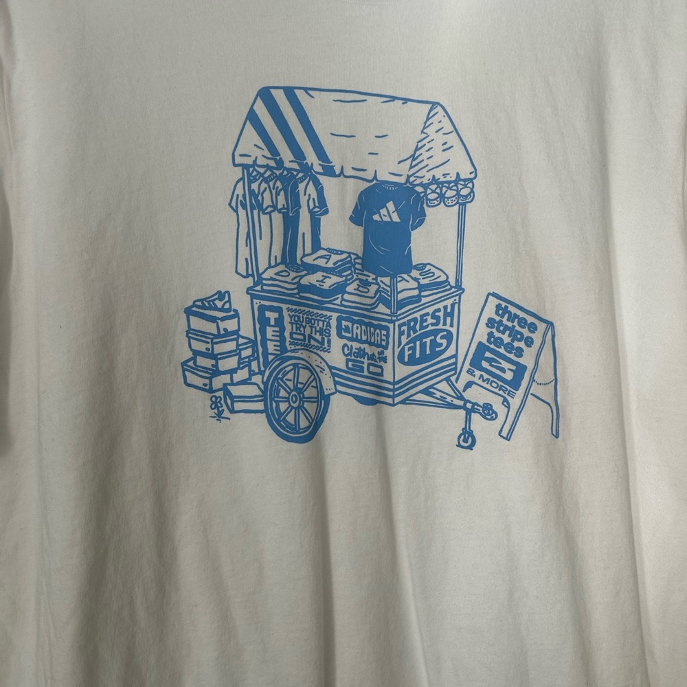 White mens Adidas T-Shirt with Blue Graphic Print size M - Picture 3 of 3